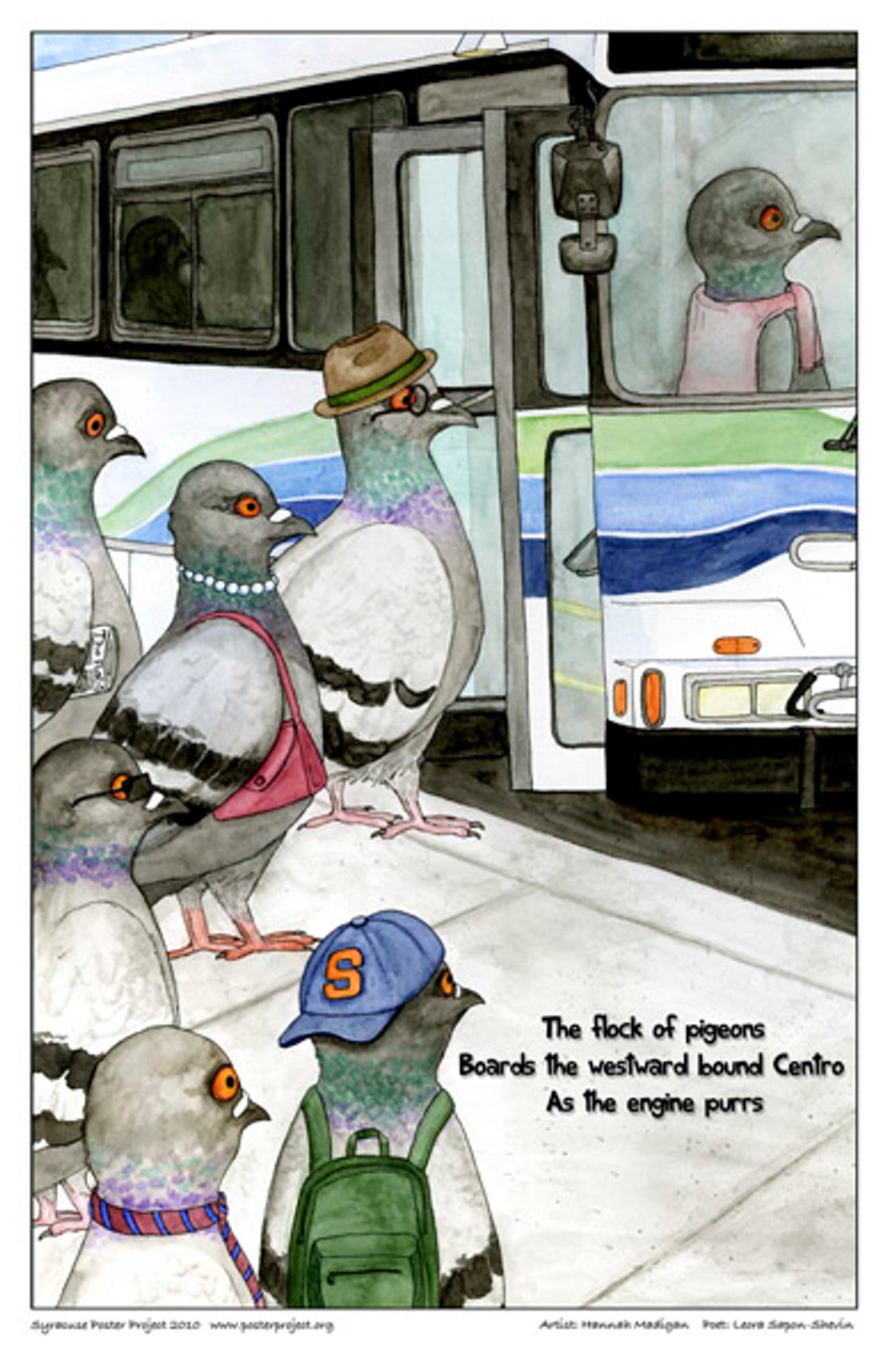Pigeons dressed as people board a bus