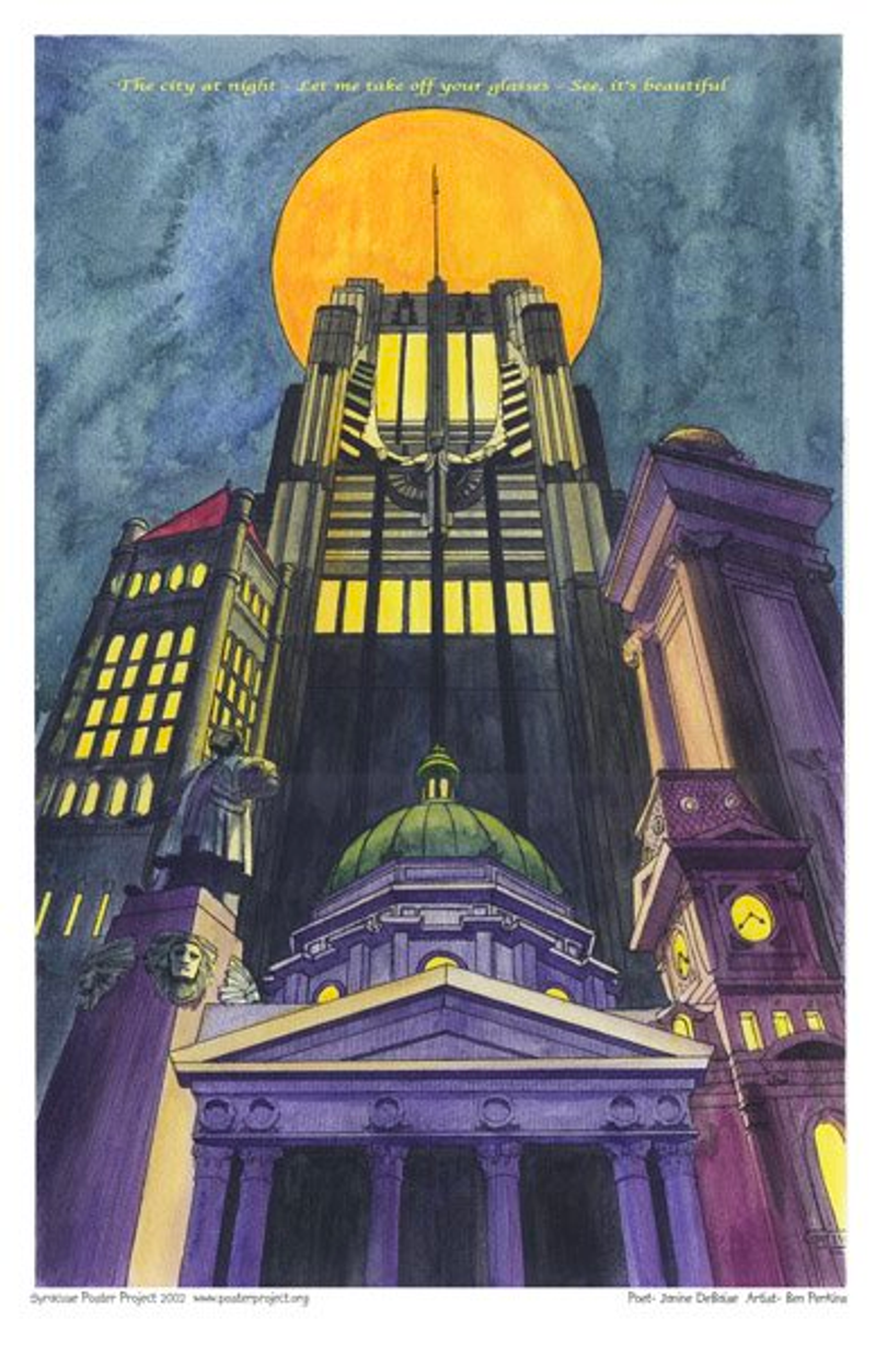 An art deco city building with the moon behind its spire