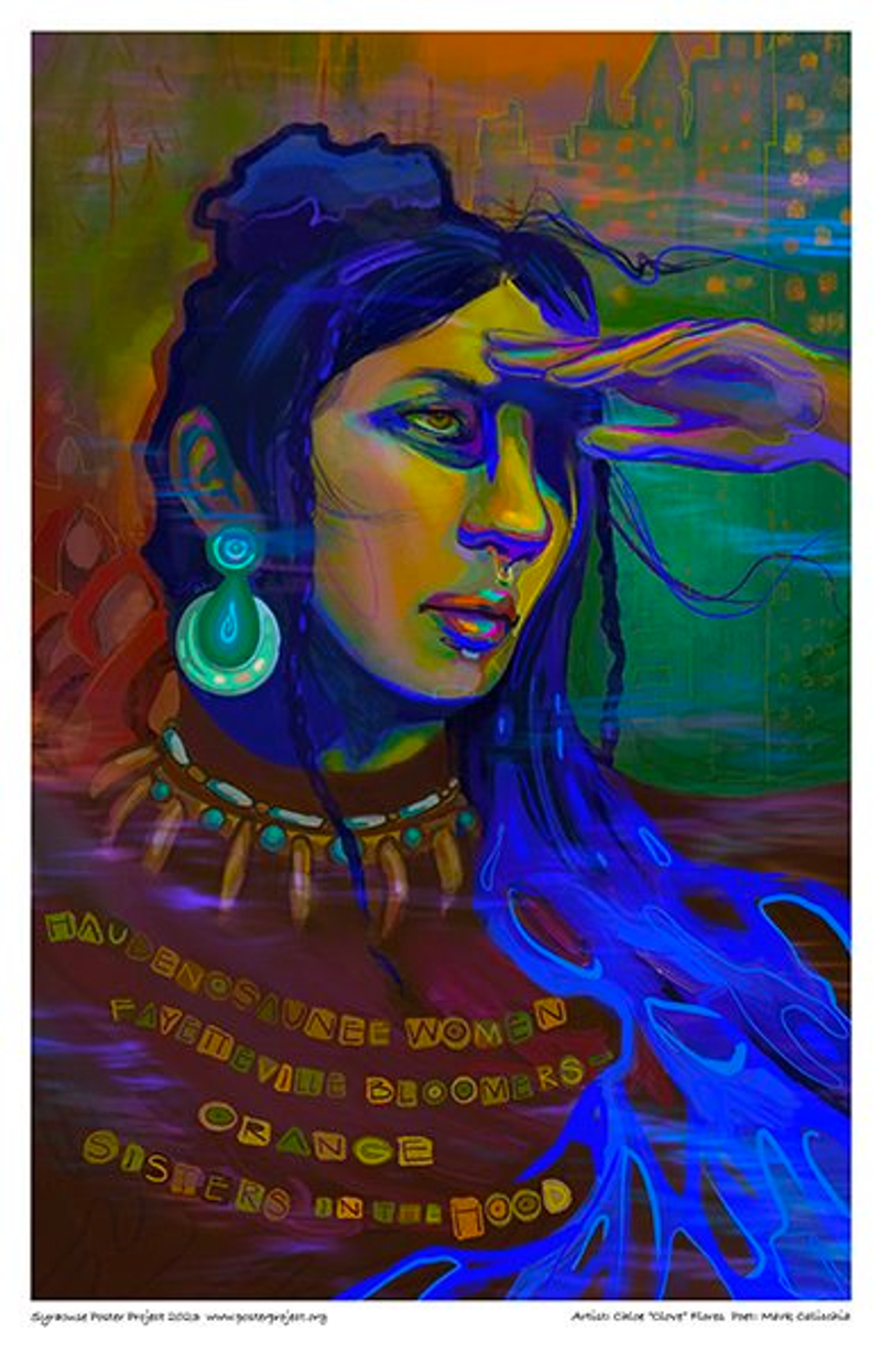A Haudenosaunee woman with her hand on her forehead looking at the horizon