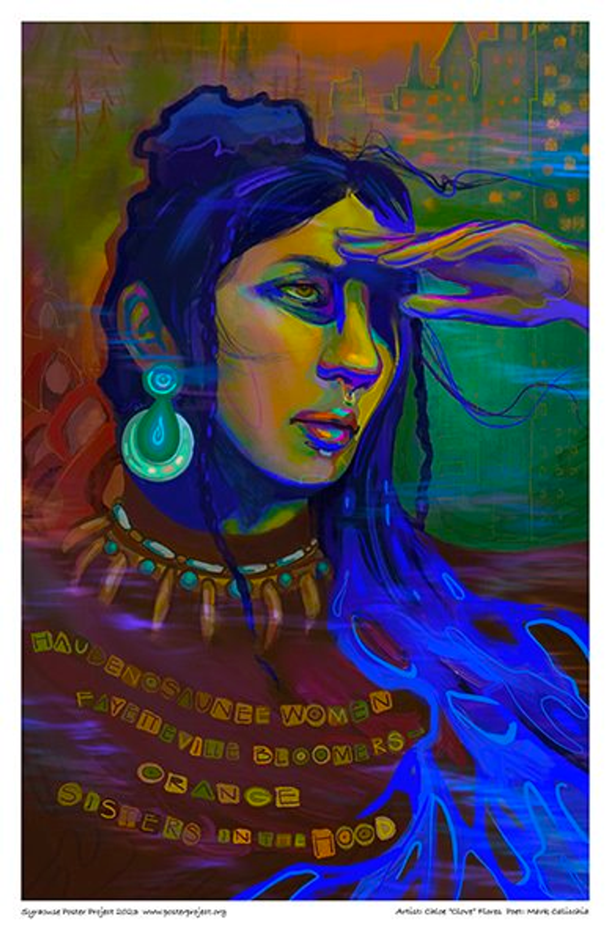 Haudenosaunee women
Fayetteville bloomers-
orange sisters in the hood A Haudenosaunee woman with her hand on her forehead looking at the horizon