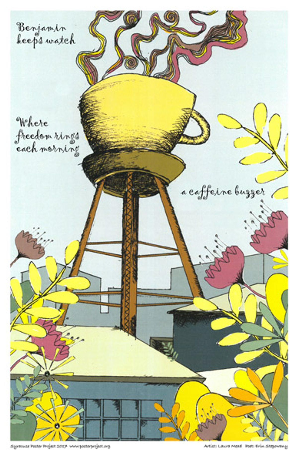 Benjamin keeps watch
where freedom rings each morning
a caffeine buzzer A yellow coffee mug with steam rising from its top sits atop a tower above city rooftops and spring flowers
