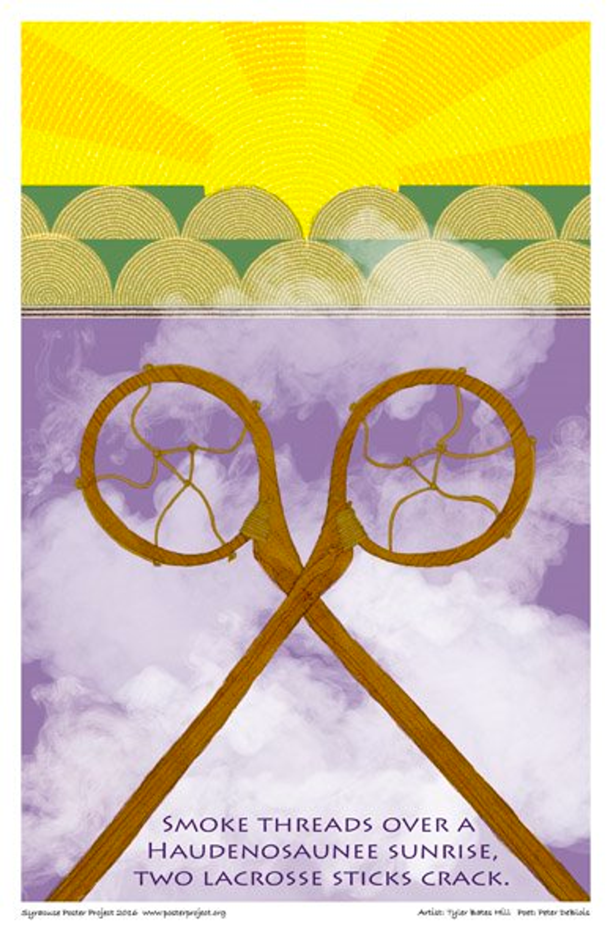 Smoke threads over a
Haudenosaunee sunrise,
two lacrosse sticks crack. Two Great Lakes lacrosse sticks