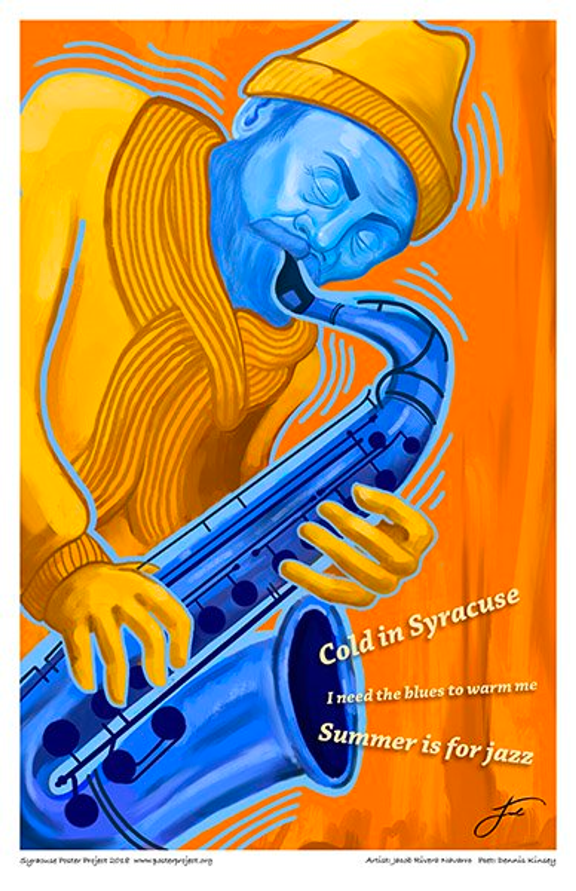 A blue-faced man in winter clothes plays a blue saxophone