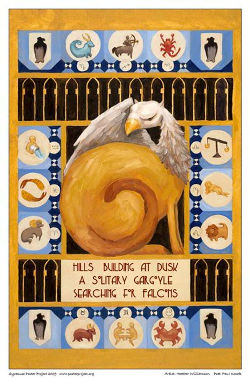 A gargoyle with the body of a cat and head of an eagle framed by surrounding zodiac signs