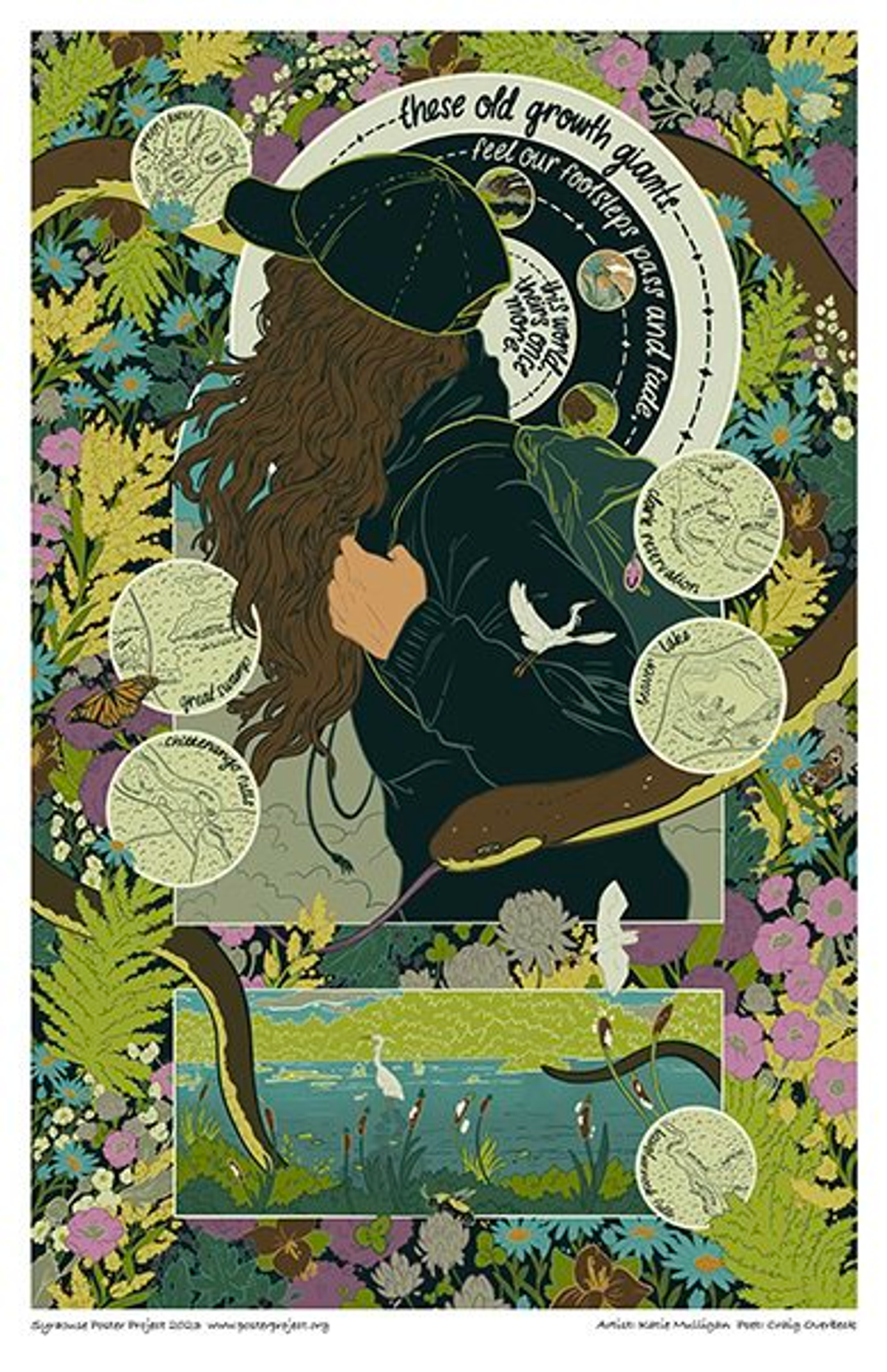 these old growth giants
feel our footsteps pass and fade,
this world, theirs once more. Woman surrounded by collage of plants and small maps of Syracuse-area nature parks