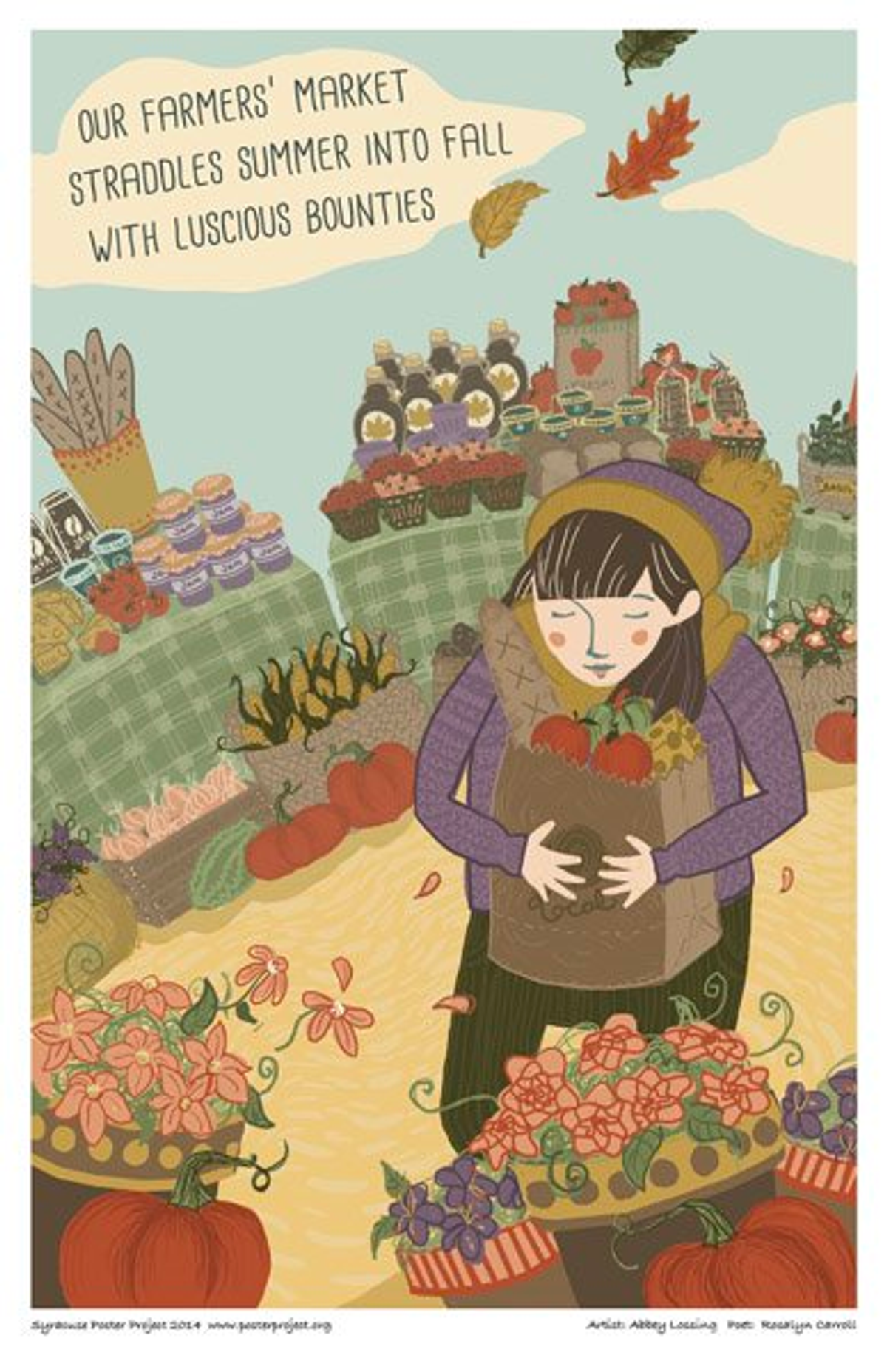 Our Farmers' Market
Straddles summer into fall
With luscious bounties A woman carries a bag of produce through a farmer's market with autumn fruits and vegetables