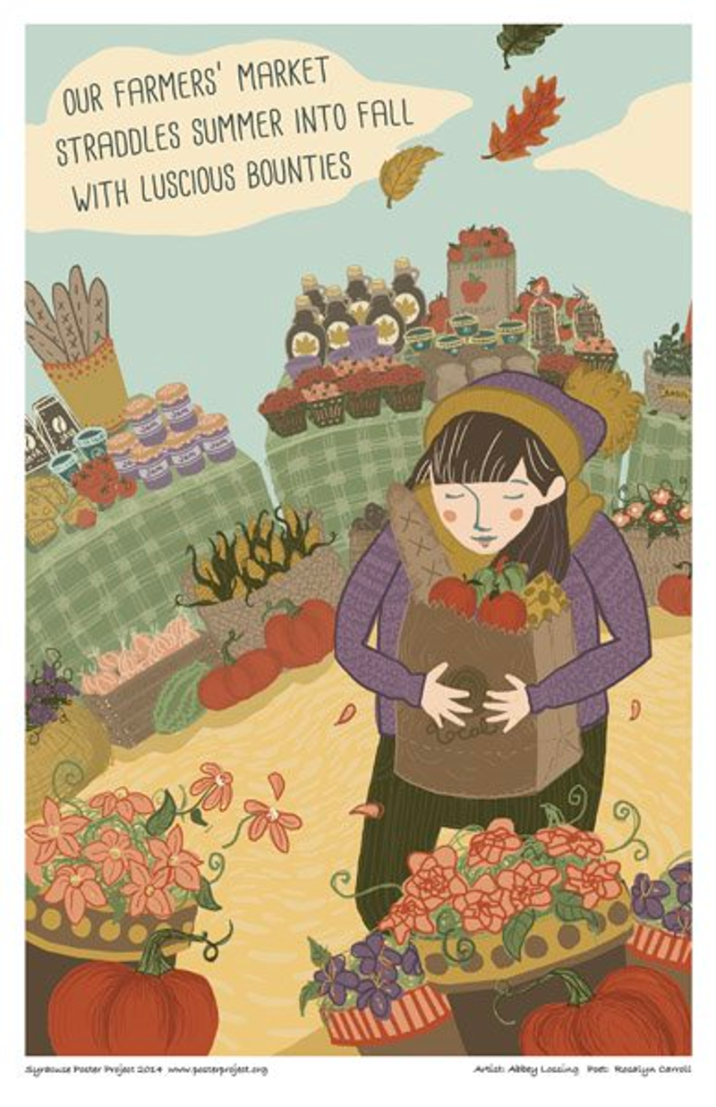 A woman carries a bag of produce through a farmer's market with autumn fruits and vegetables