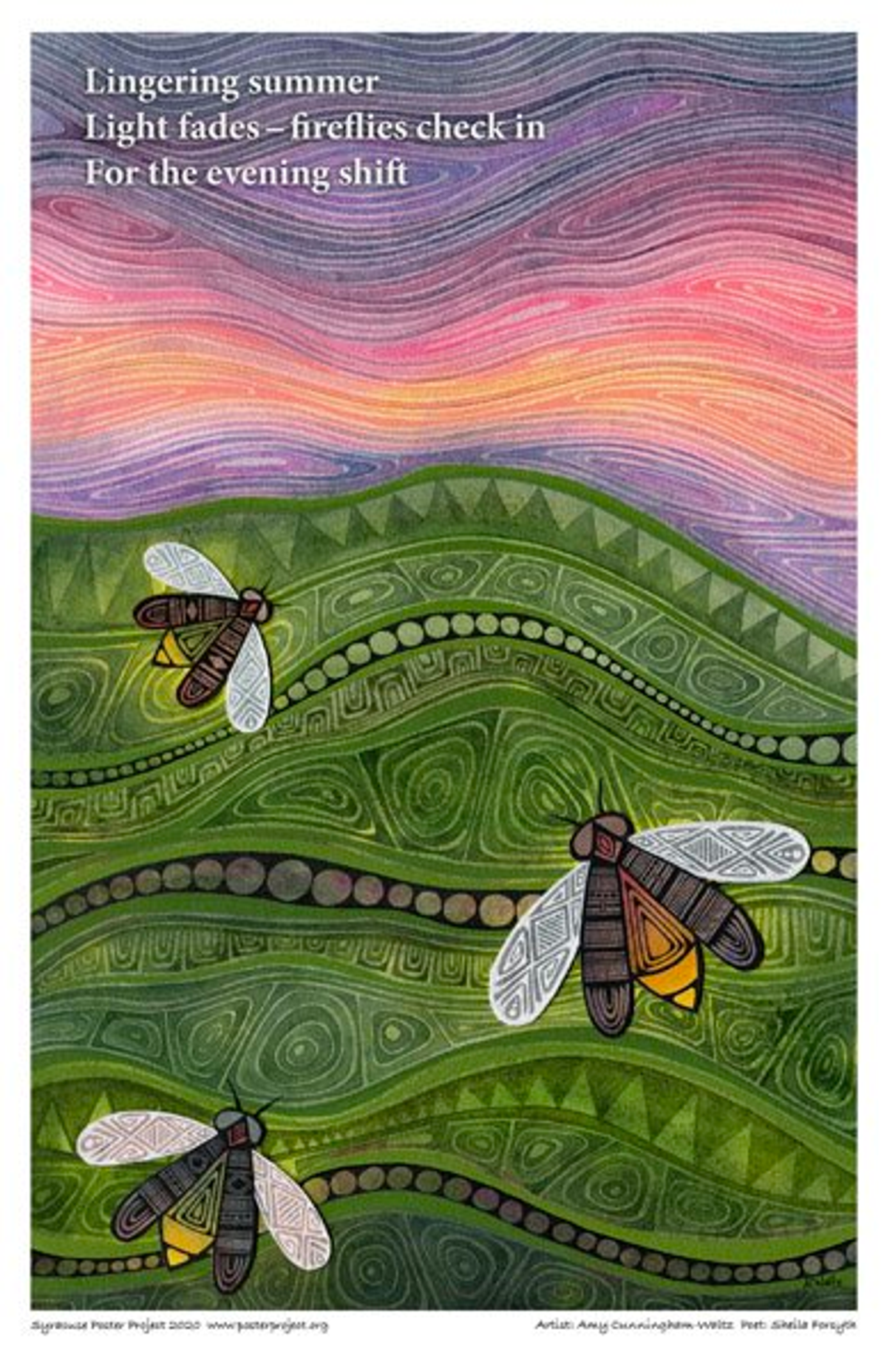 Three fireflies fly over a grassy hill under an evening sky