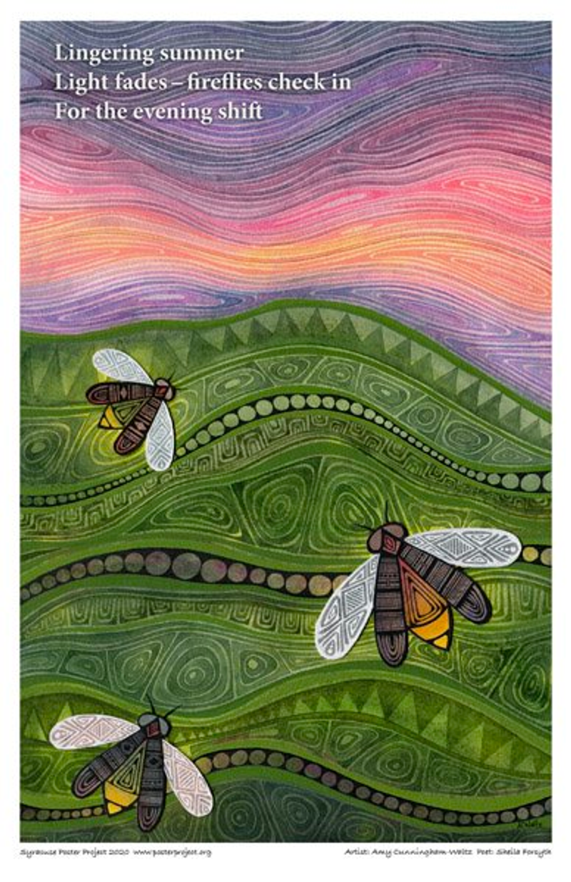 Three fireflies fly over a grassy hill under an evening sky