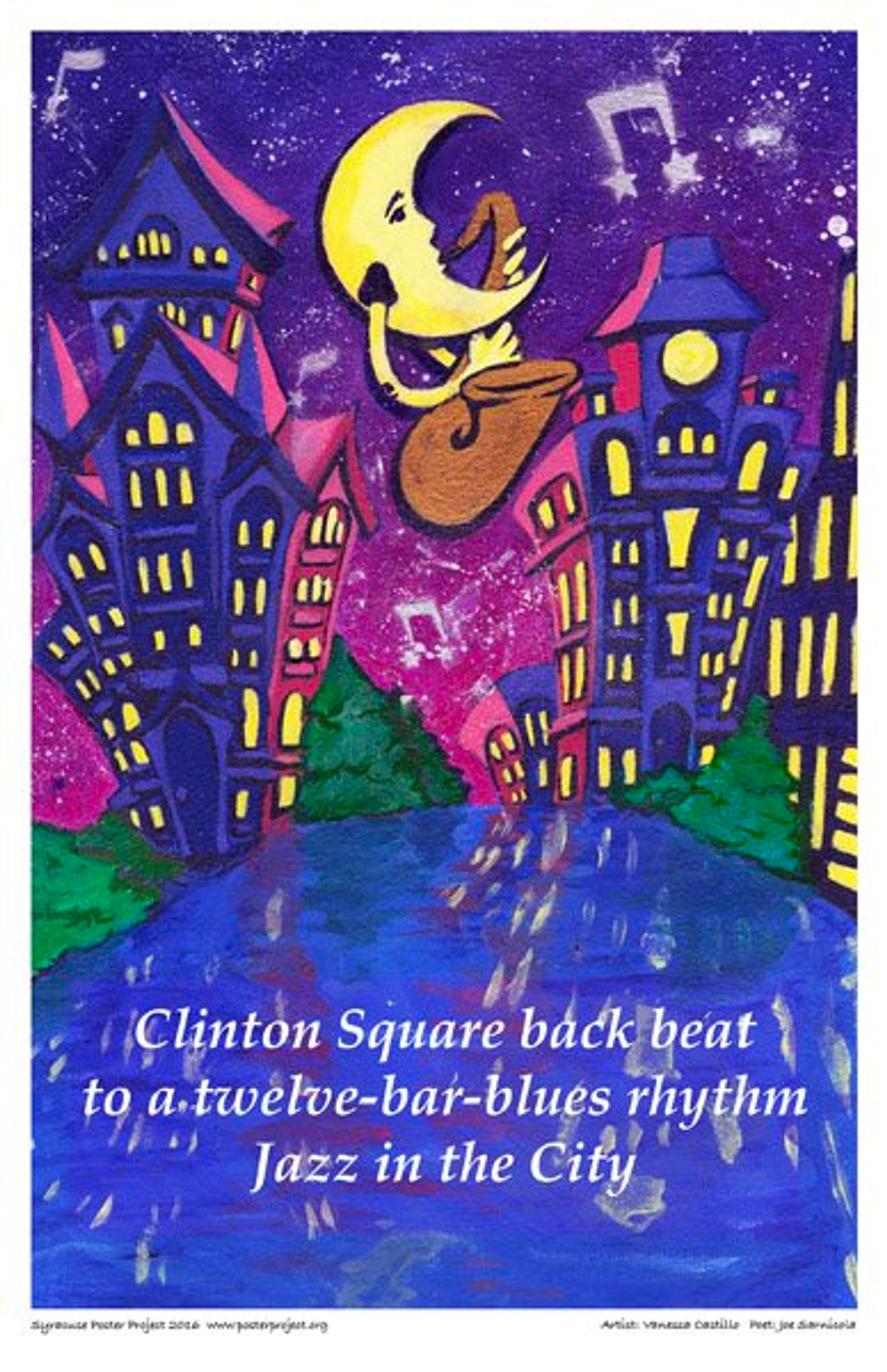 A yellow anthropomorphized crescent moon plays a saxophone amongst eighth note-shaped stars