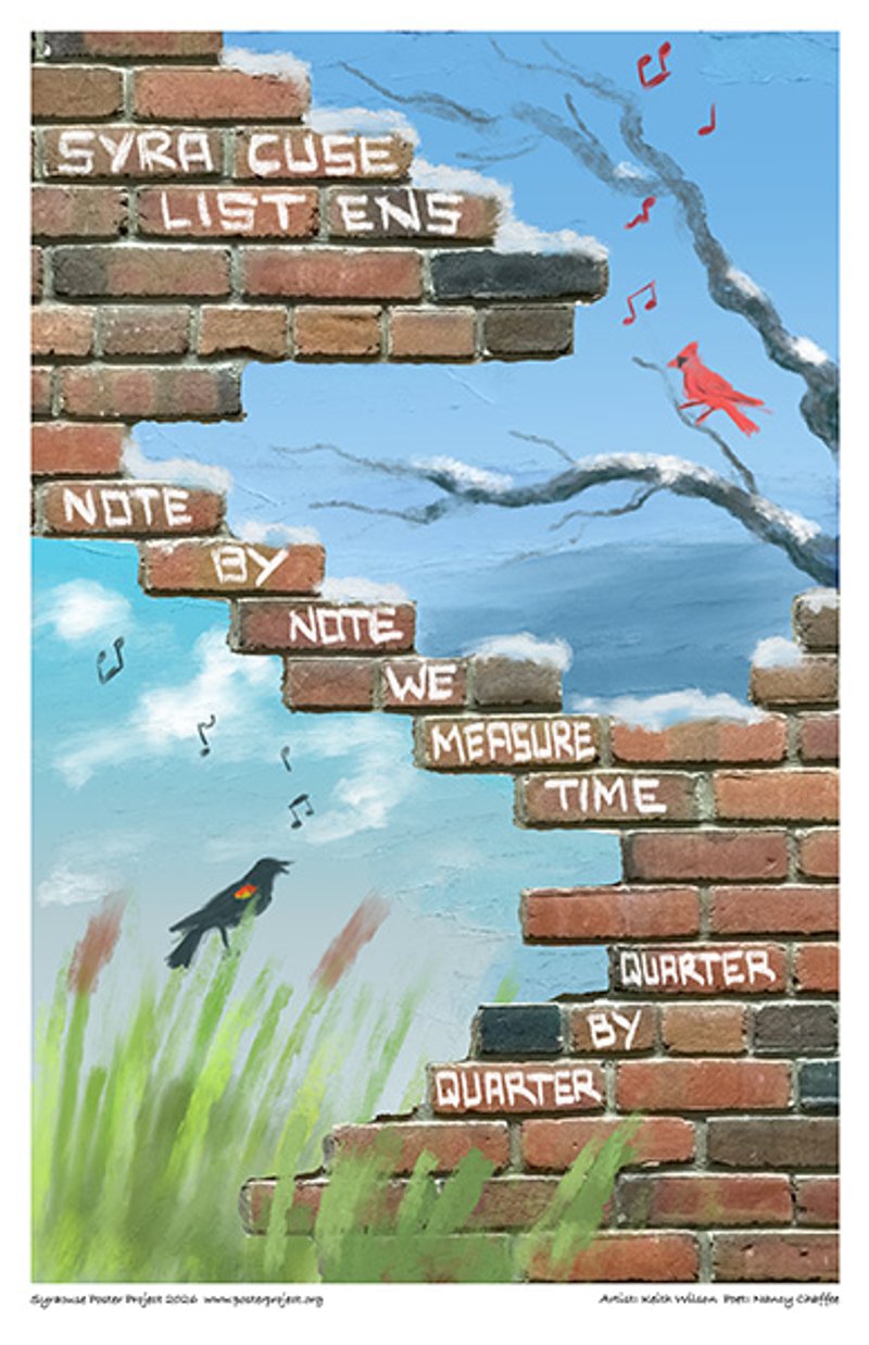 Illustration of Songbirds as Seen Through Gaps in Brick Wall