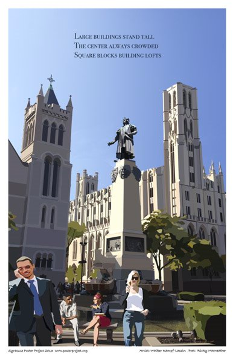 People sit and walk in an daytime city scene with tall buildings stretching above under a clear sky