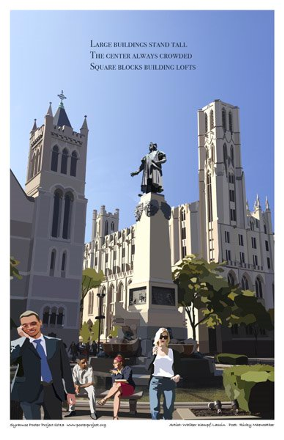 Large buildings stand tall
The center always crowded
Square blocks building lofts People sit and walk in an daytime city scene with tall buildings stretching above under a clear sky