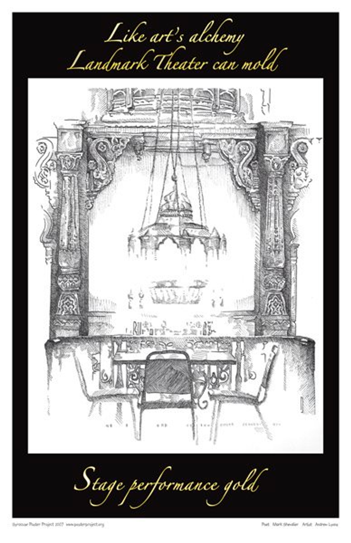 Like art's alchemy
Landmark theater can mold
Stage performance gold An empty table and chairs sits under a chandelier in front of an empty stage