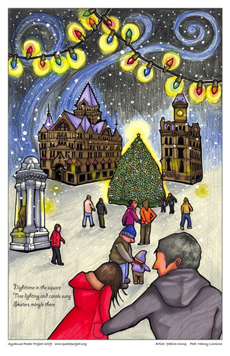 Couples and families ice skate on a city park with a Christmas tree nearby
