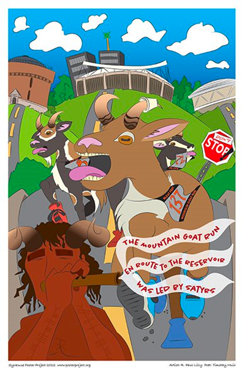Satyr playing a flute and followed by goats in running shoes over a backdrop of landmarks from Syracuse's Goat Run route