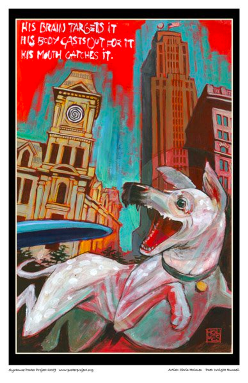 A small dog catches a frisbee with tall city buildings in the background