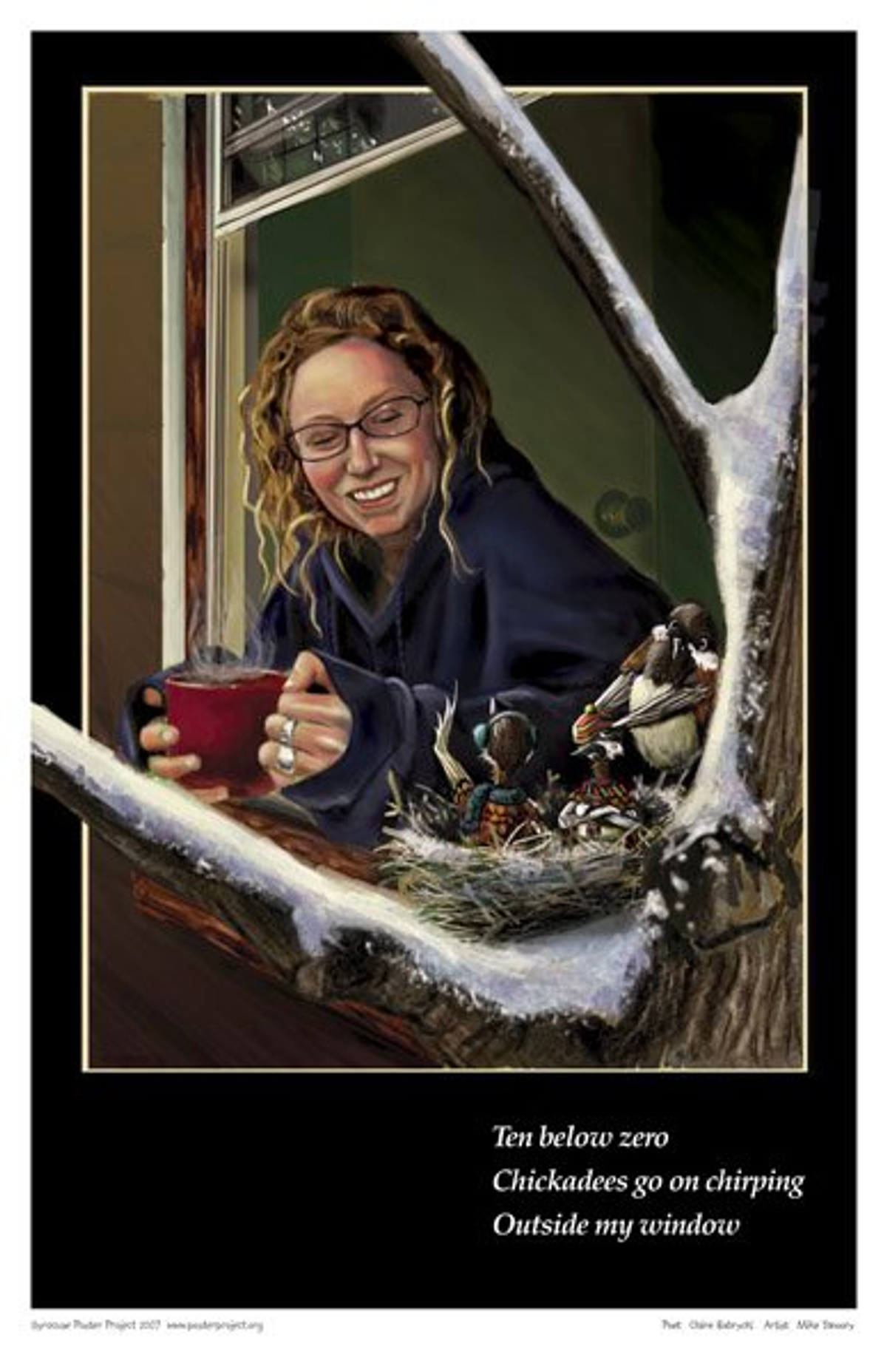 A woman holds a mug of coffee out her window and smiles at a nearby nest of chirping chickadees