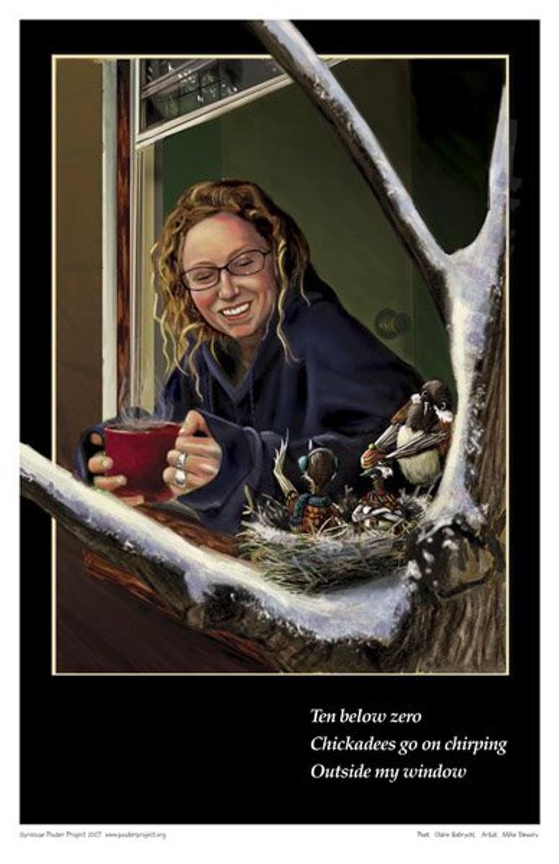A woman holds a mug of coffee out her window and smiles at a nearby nest of chirping chickadees