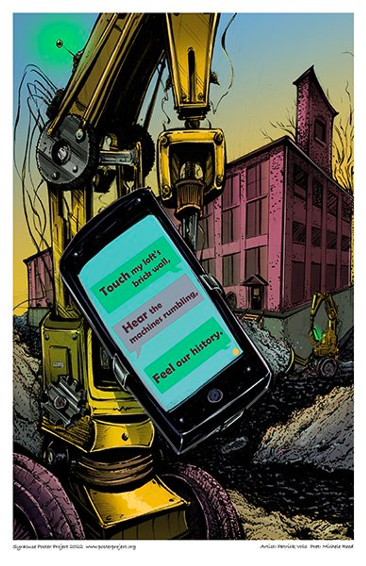 A crane holds a cell phone displaying a poem about an old factory being bulldozed down in the background