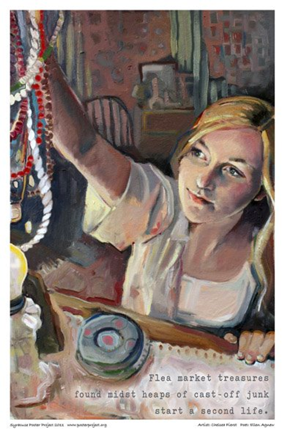 A woman at a flea market browses a selection of necklaces