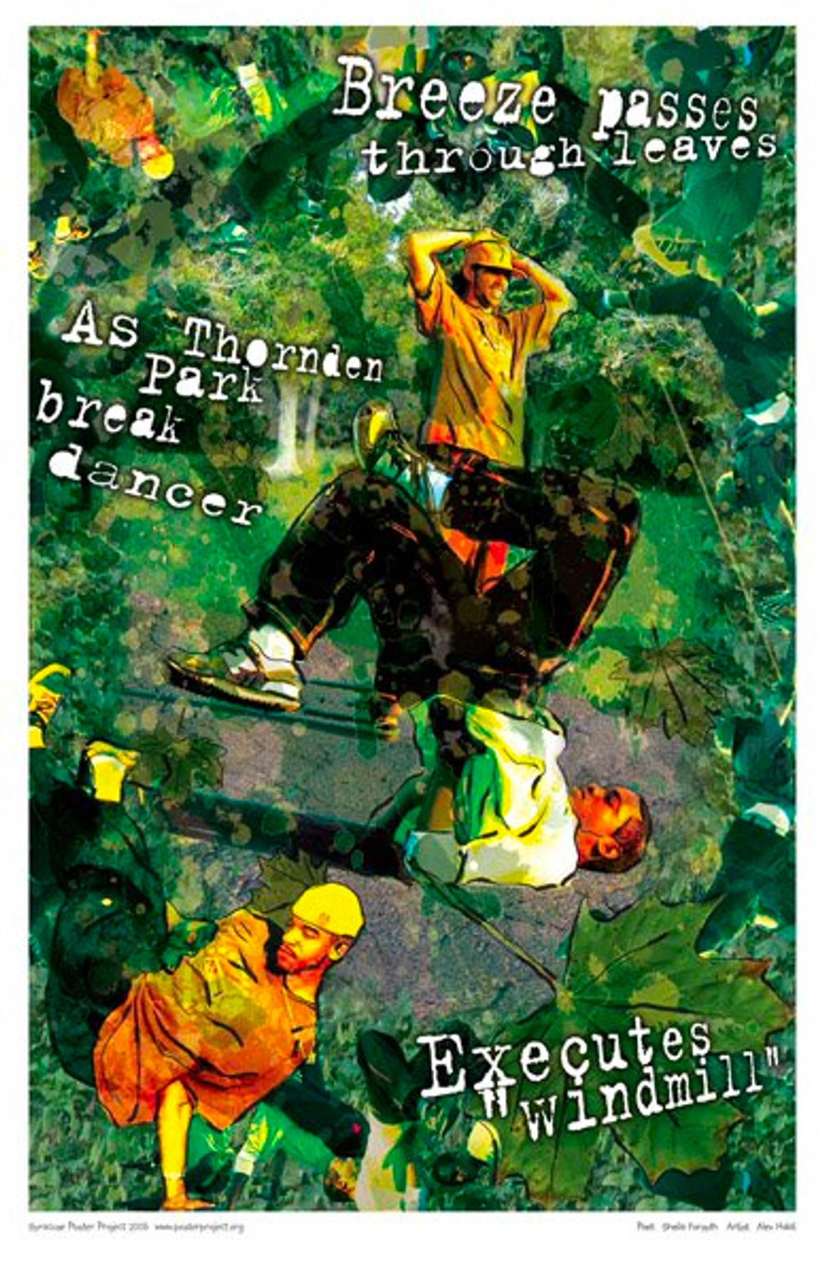 Breeze passes through leaves
As Thornden Park break dancer
Executes "windmill" Breakdancers dance in a city park