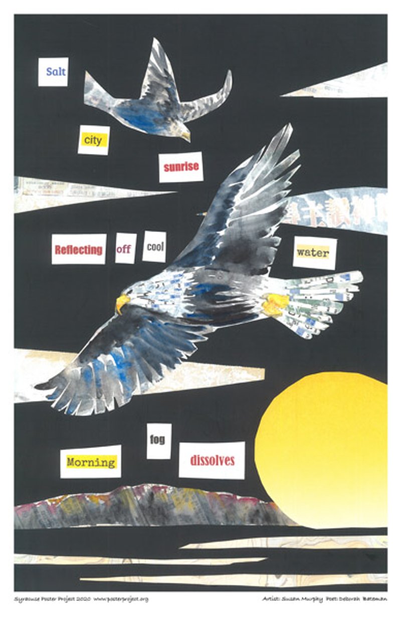 Collage of three eagles flying over water as the sun sets