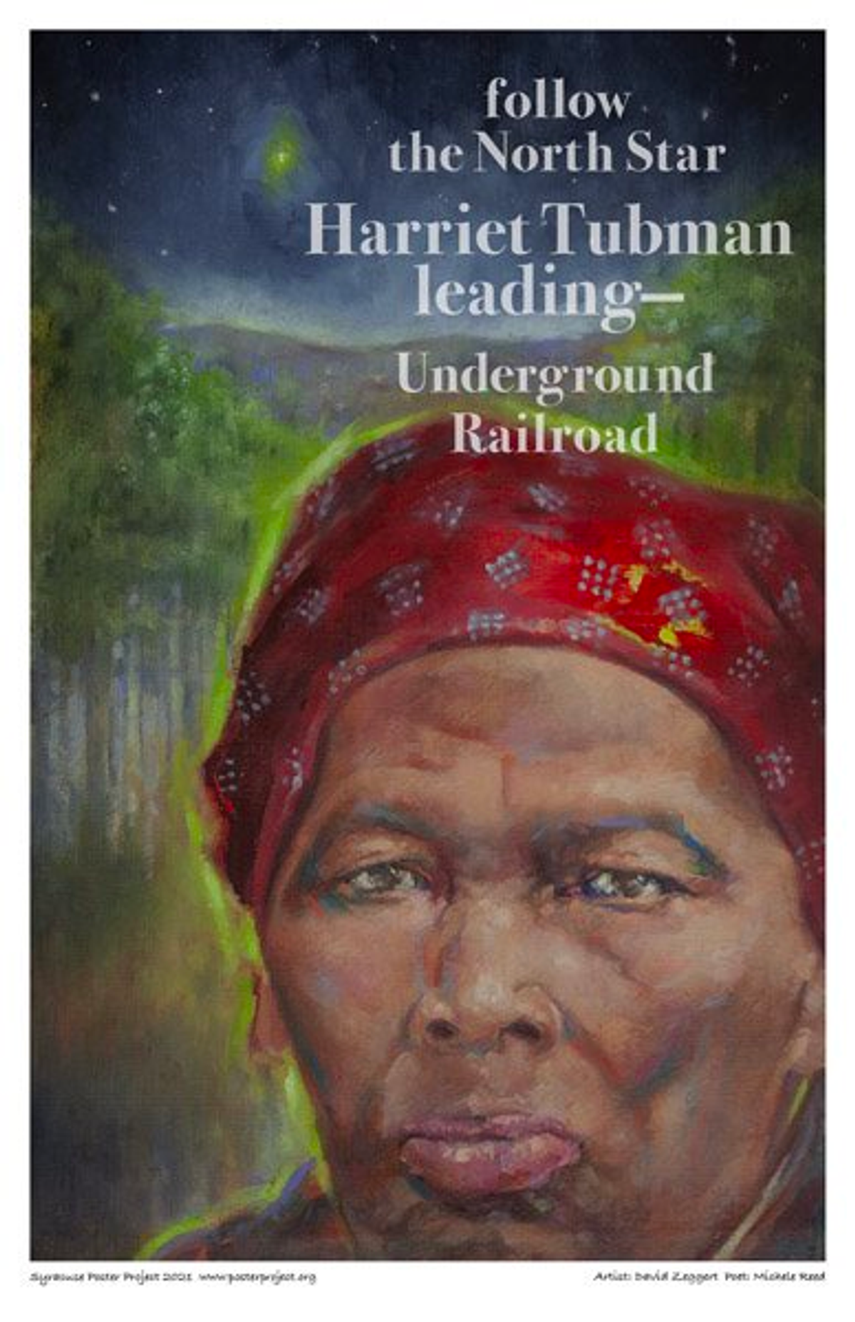 Face of Harriet Tubman depicted under bright North Star 