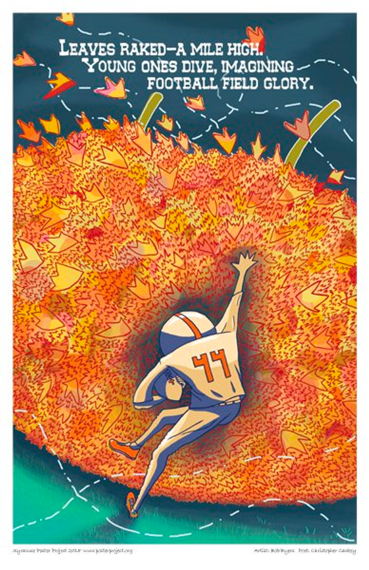 A boy with a football dives into a large pile of leaves