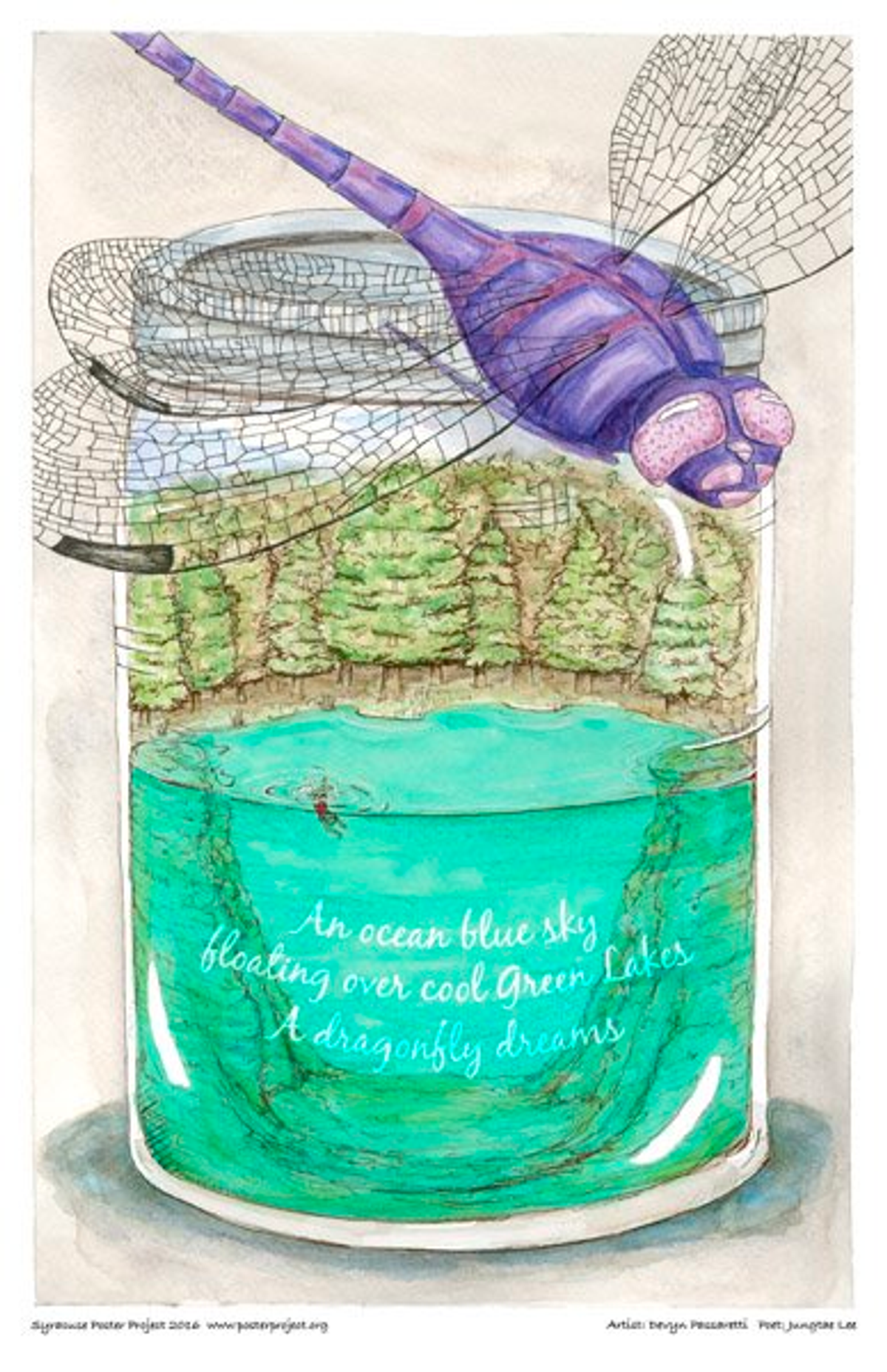 A person swims in a tree-lined green lake encased in a clear jar atop of which perches a large purple dragonfly