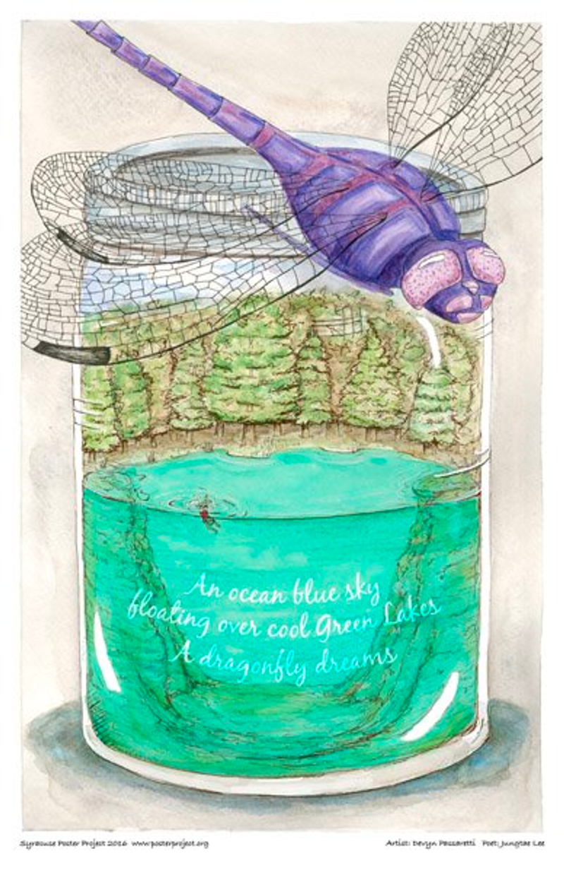 A person swims in a tree-lined green lake encased in a clear jar atop of which perches a large purple dragonfly