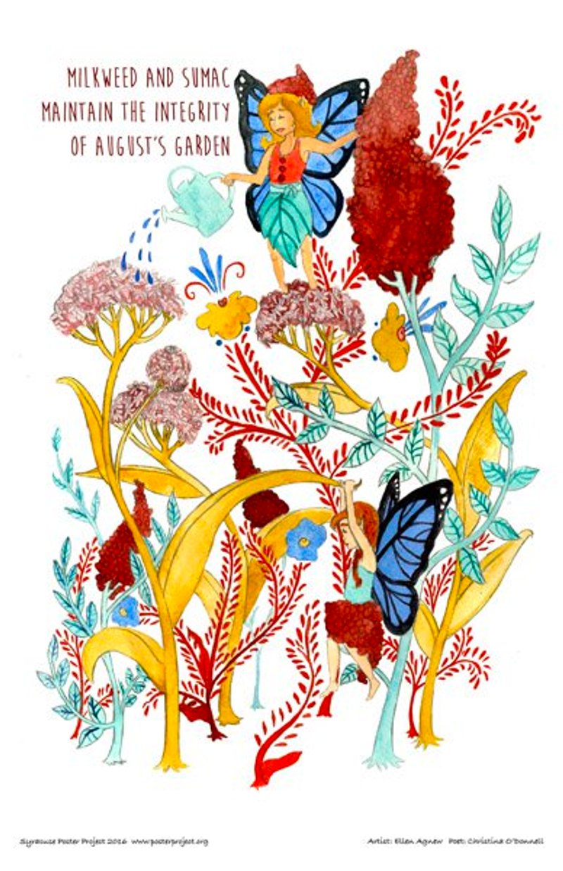 Two fairies fly among water and prune a garden of milkweed and sumac plants