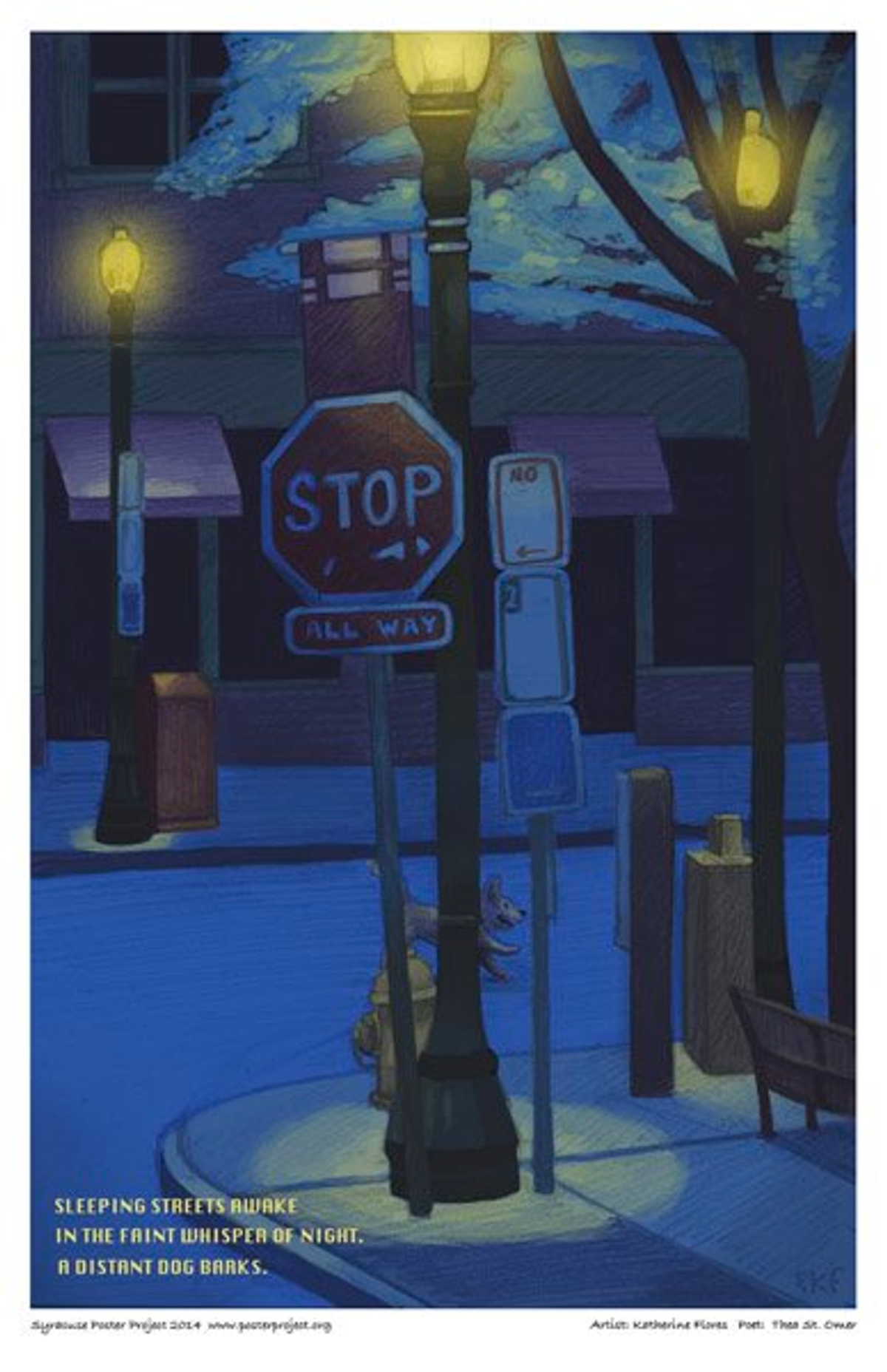 A small dog runs past a stop sign during a quiet night 
