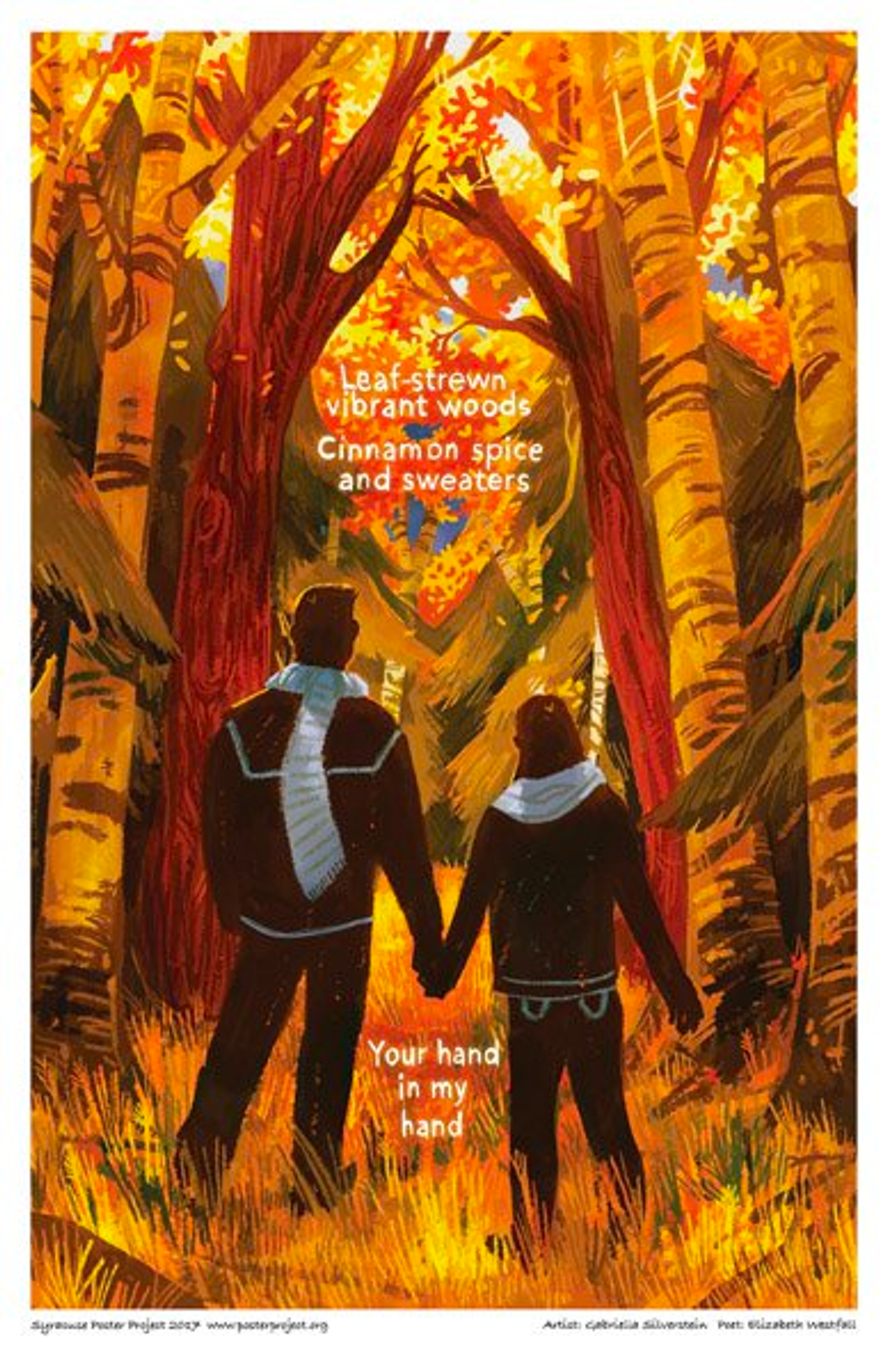 Leaf—strewn vibrant woods
Cinnamon spice and sweaters
Your hand in my hand A couple wearing sweaters and scarfs walks hand in hand through a woods in autumn