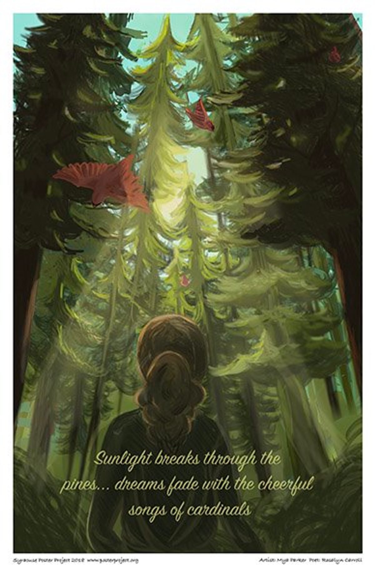 A woman walks through a woods with cardinals flying overhead and sunlight beaming down through the trees