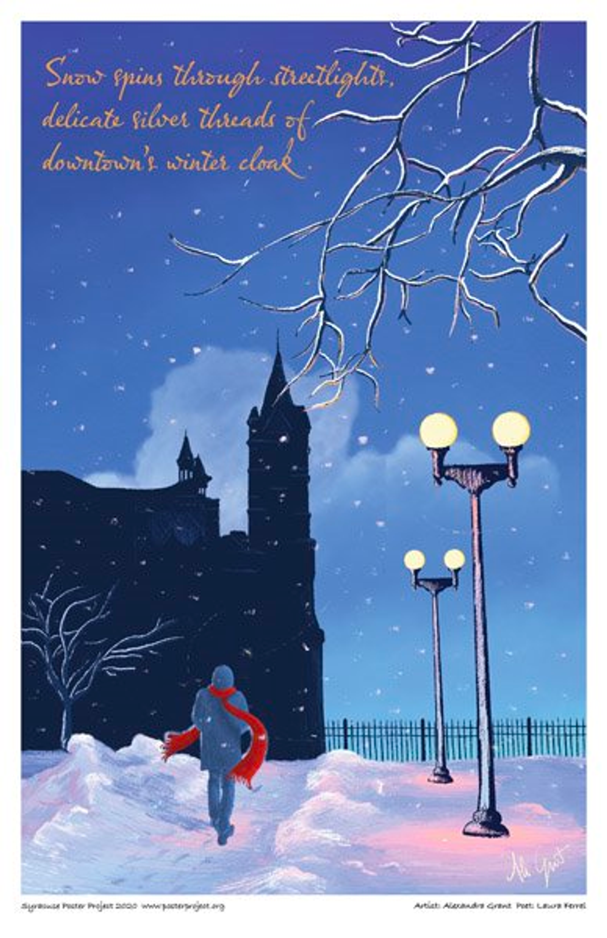 Snow spins through streetlights,
delicate silver threads of
downtown's winter cloak. Figure walks along snow-covered sidewalk beside street lights toward silhouette of a building