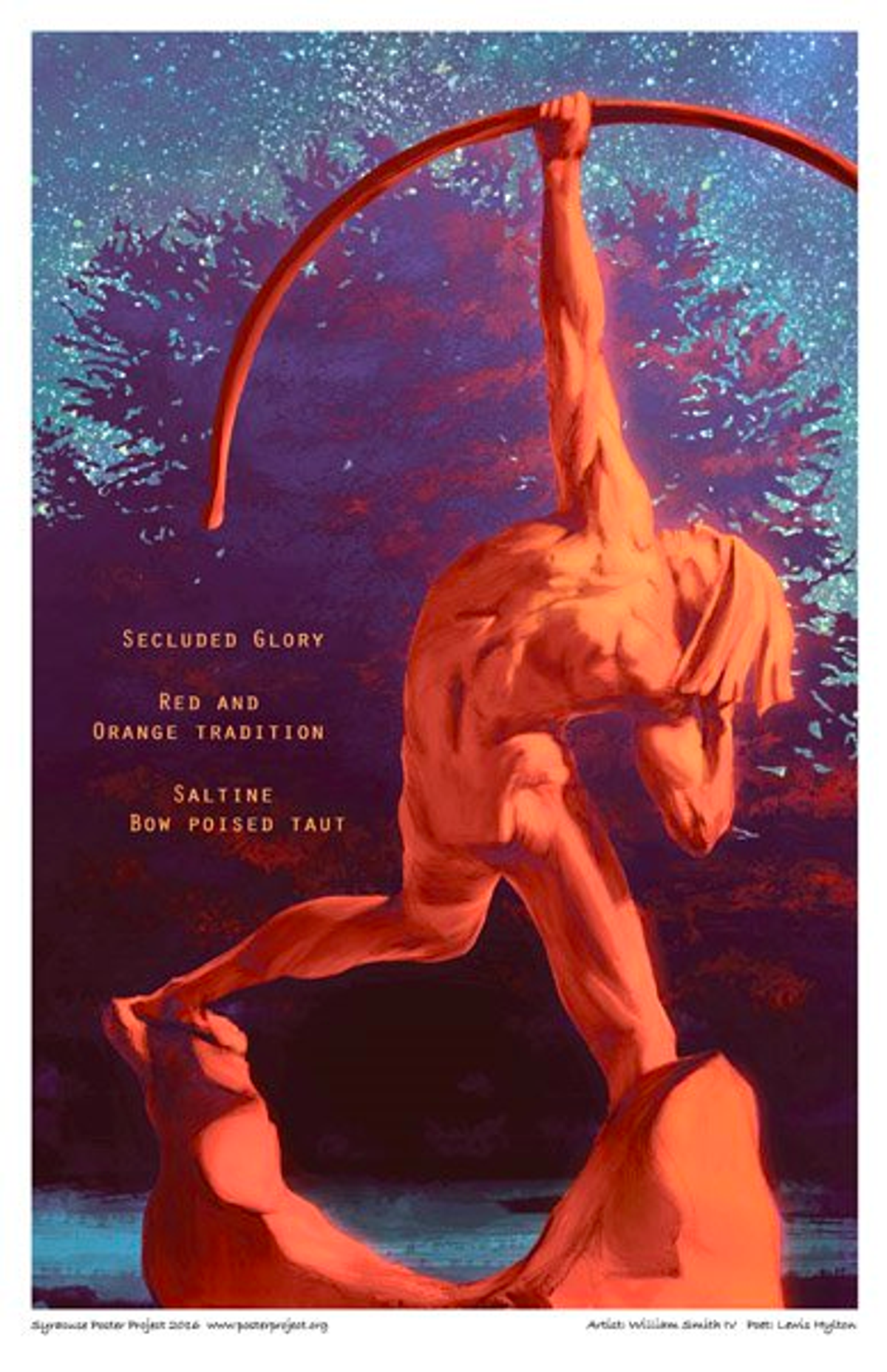 Statue of a man with one knee bent, back bent forward, head looking upwards and an arm pointing a bow toward a starry sky