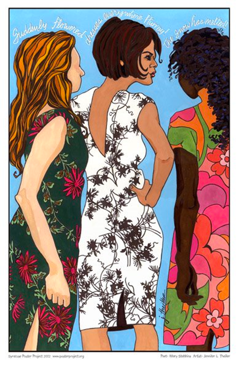 Three women dressed in floral patterned dresses