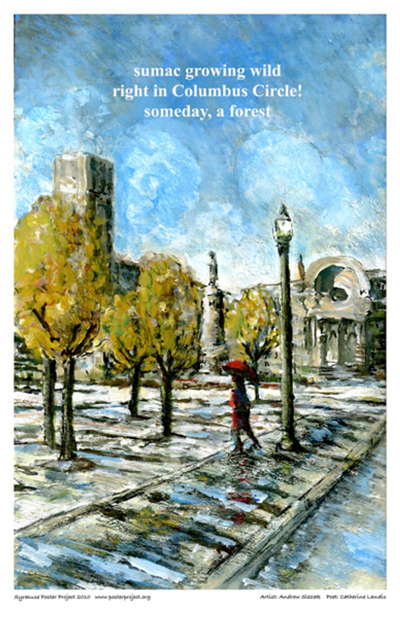 A figure under an umbrella walks on a concrete space through city trees