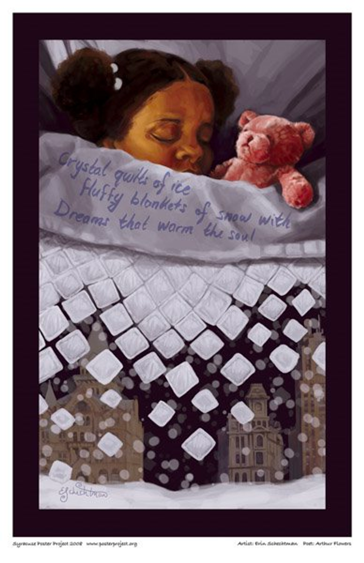 crystal quilts of ice
fluffy blankets of snow with
dreams that warm the soul A child sleeps under a blanket with a teddy bear