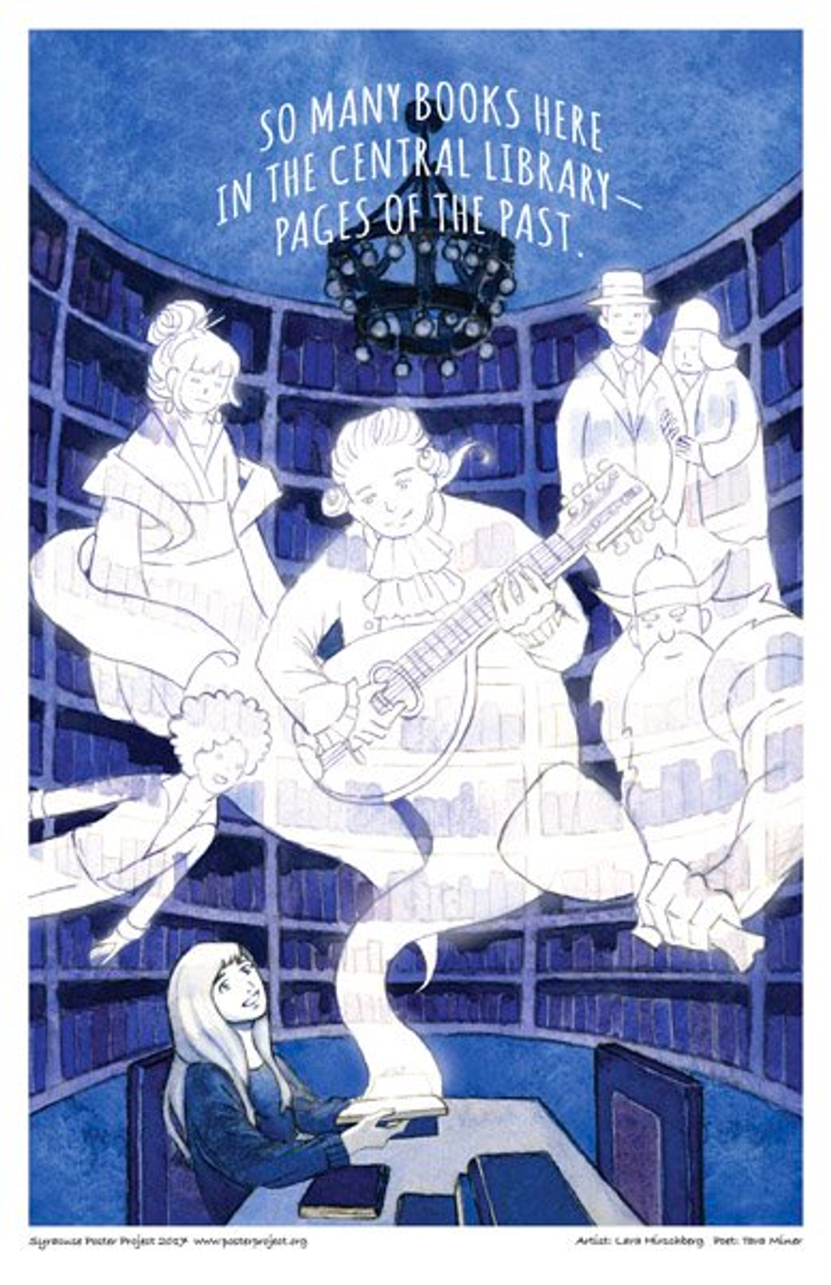 So many books here
in the central library—
pages of the past. A girl sits at a library table and apparitions of characters flow up from her open book