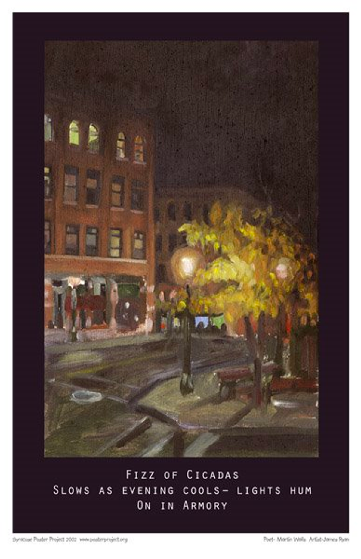 Fizz of cicadas
Slows as evening cools—lights hum
On in Armory A city street corner at night