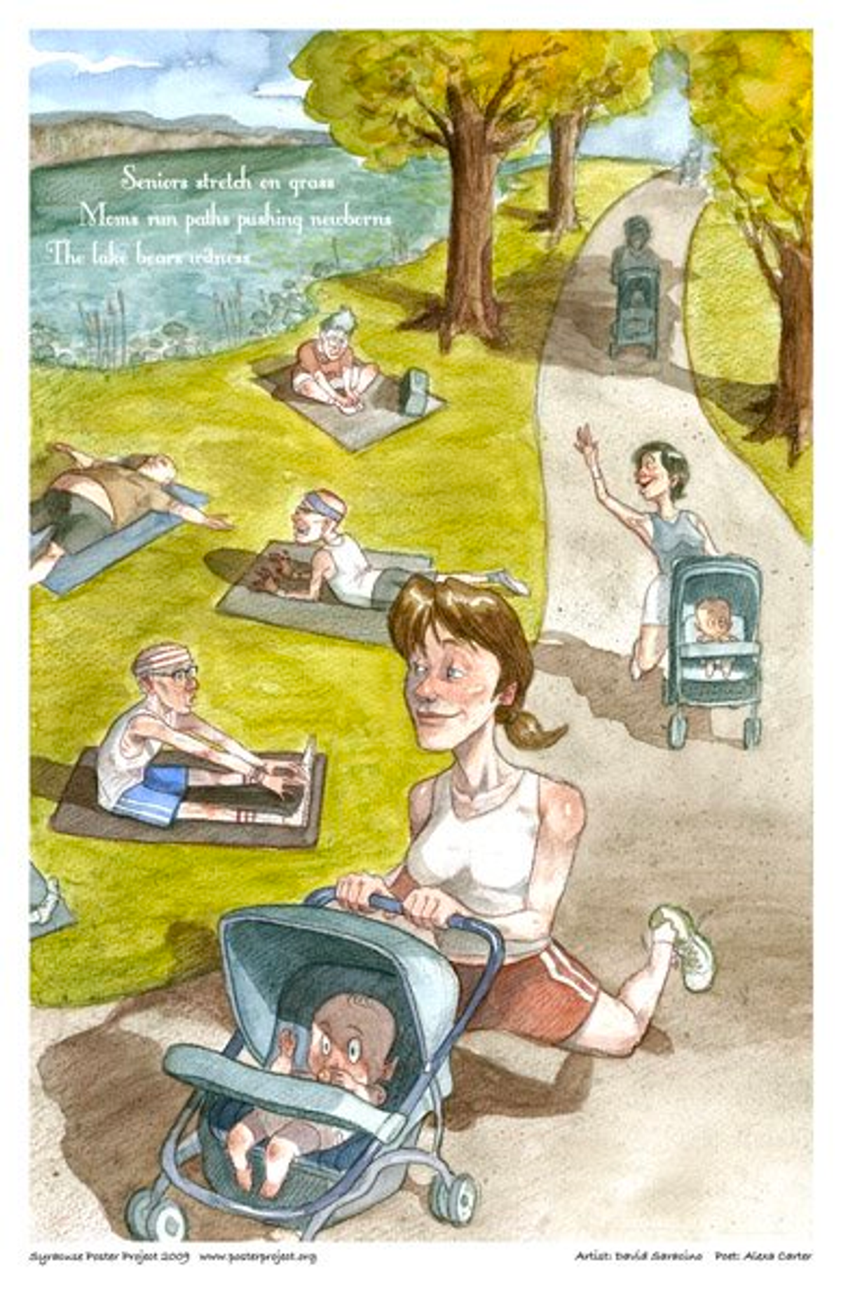 Mothers pushing strollers run along a park path past elderly men and women stretching on yoga mats in the nearby grass