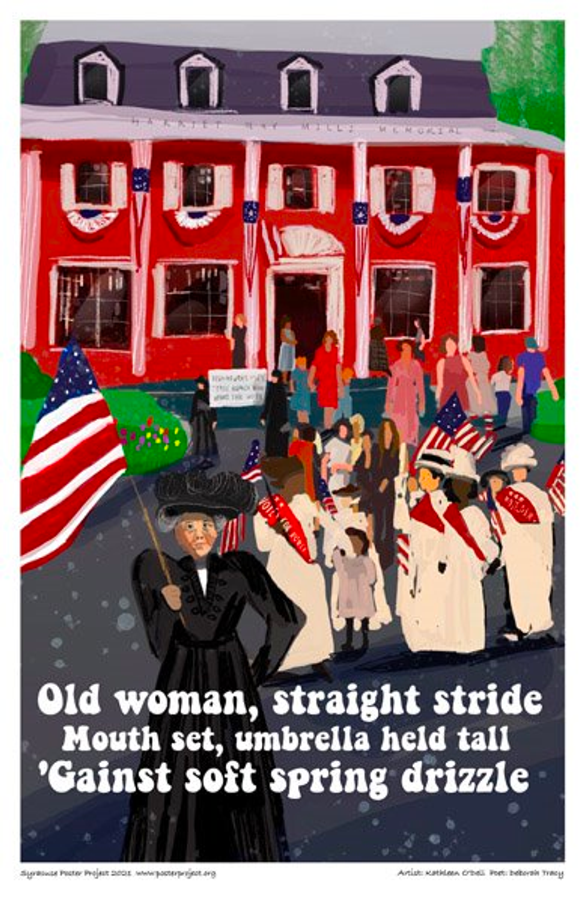 Old woman, straight stride
Mouth set, umbrella held tall
'Gainst soft spring drizzle. Elderly woman holding an American flag standing in front of Harriet May Mills Art and Home Center building in syracuse