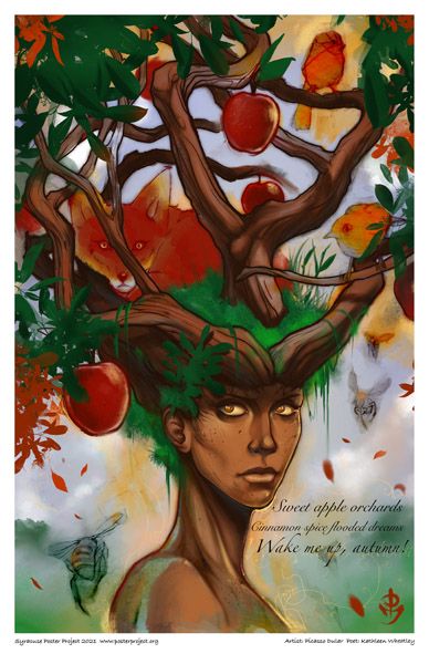 Woman with green hair made of grass and tree limbs protruding from her head some with red apples