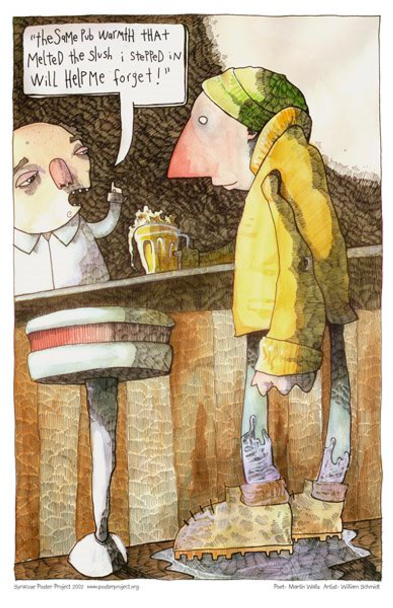 A man dressed warmly orders a beer at a bar as meltwater collects under his boots