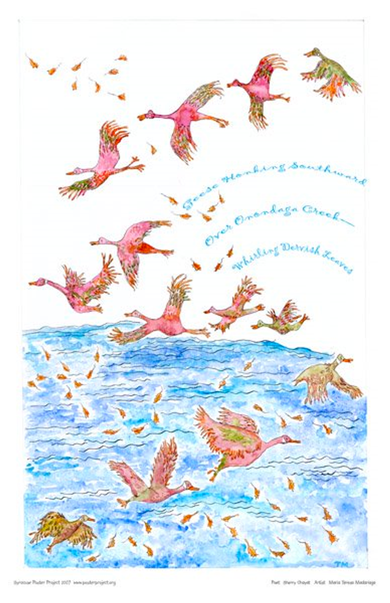 Geese fly through falling leaves over water