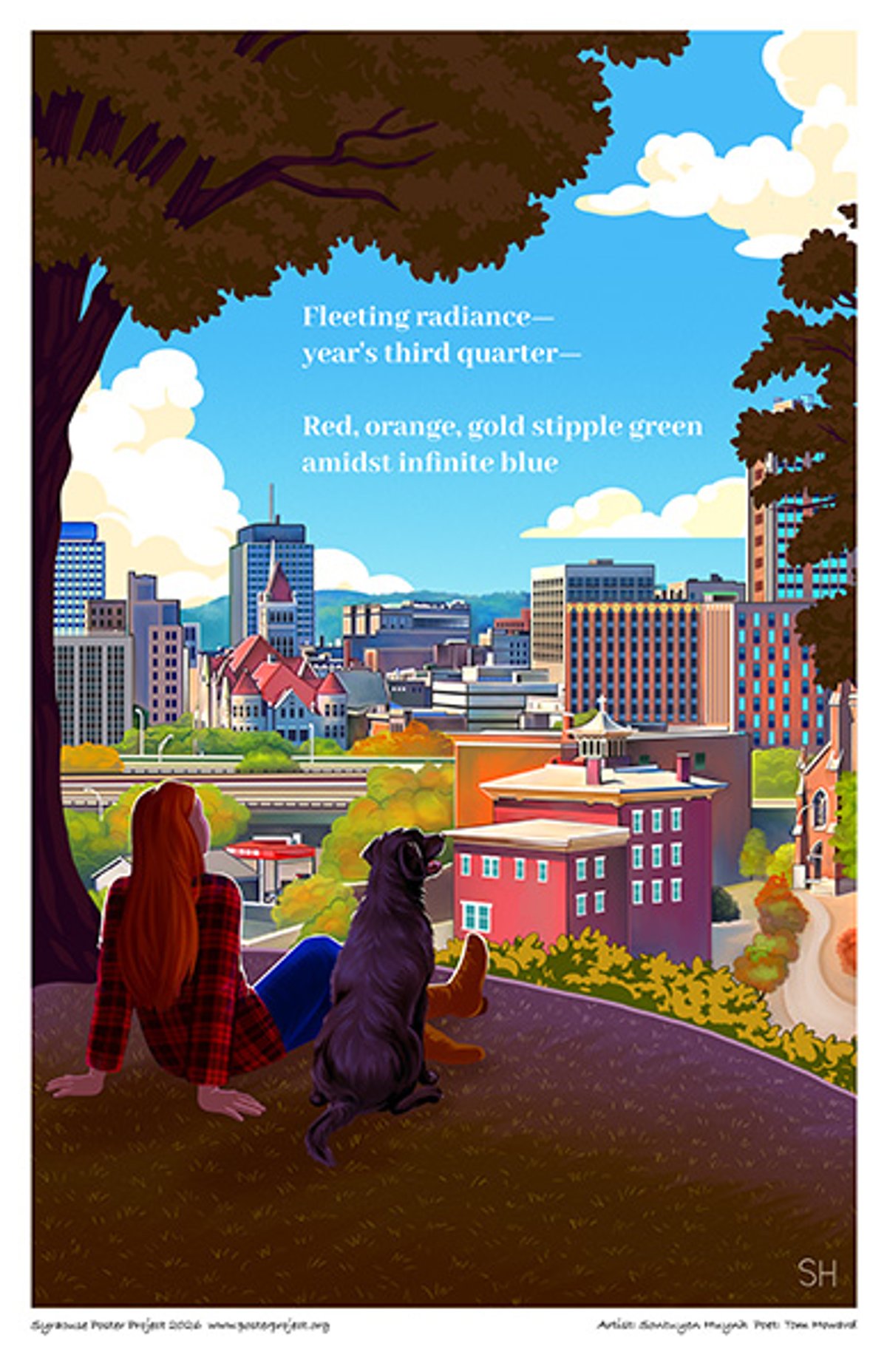 Fleeting radiance—
year's third quarter—
Red, orange, gold stipple green
amidst infinite blue A couple and their dog on a hill overlooking the City of Syracuse