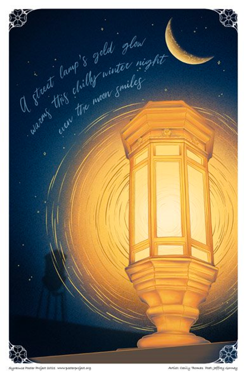 A street lamp glows in a starry sky beneath a crescent moon