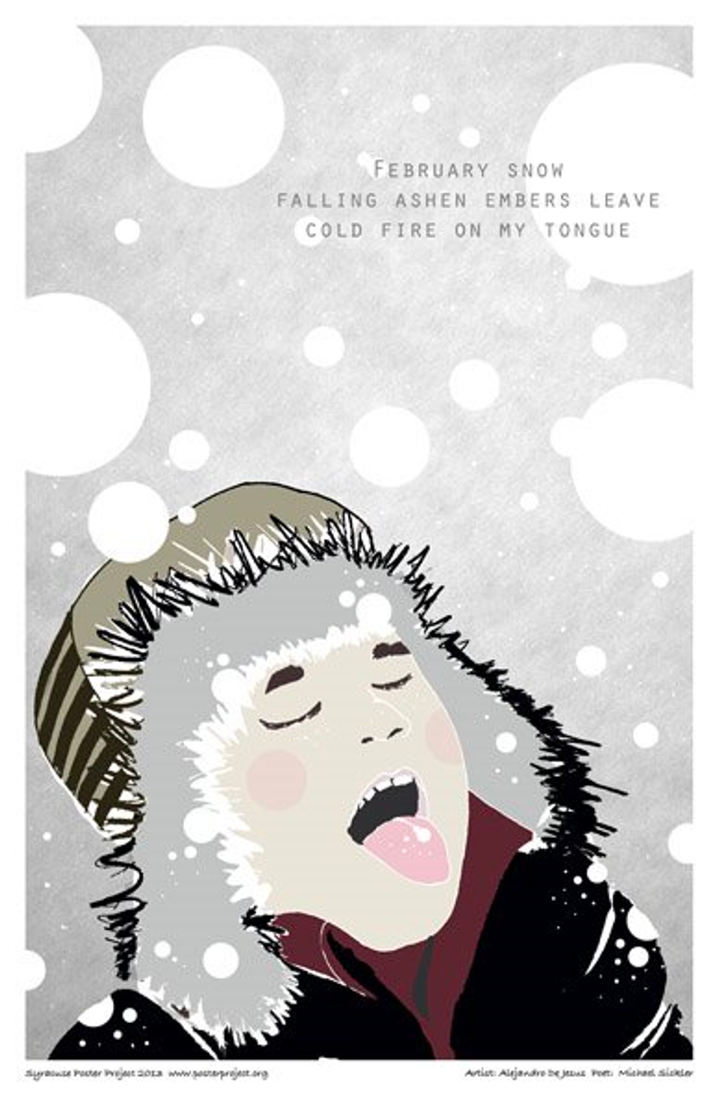 A person in a trapper hat catches a snowflake on their tongue
